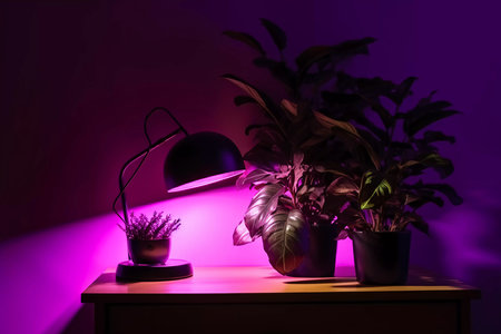 a pot with a plant and a purple lamp above it. ai generatedの素材