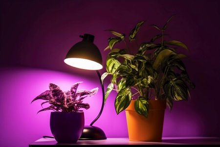 a pot with a plant and a purple lamp above it. ai generatedの素材