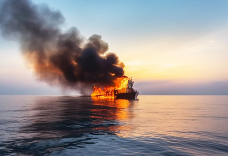 the ship is on fire at sea. fire on the ship. ai generatedの素材