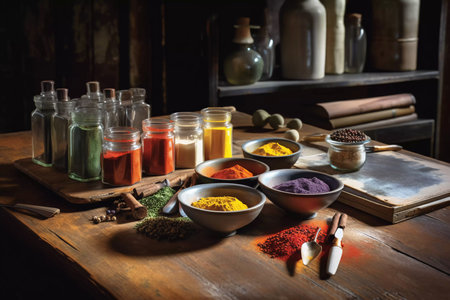 jars with spices on a wooden table. multi-colored loose substances. ai generatedの素材