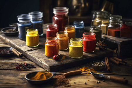 jars with spices on a wooden table. multi-colored loose substances. ai generatedの素材