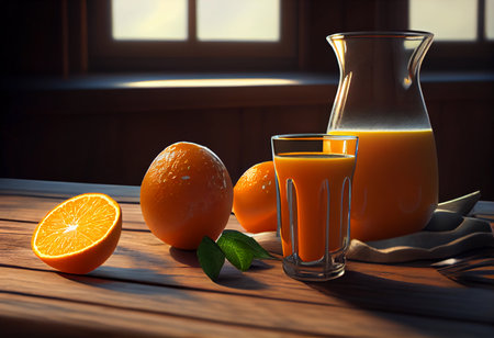 orange juice in a glass on a wooden table. ai generatedの素材