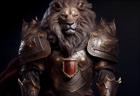 old lion in medieval armor. protector and warrior. ai generatedの素材