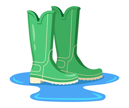 green rubber boots stand on a puddle. flat vector illustration.のイラスト素材