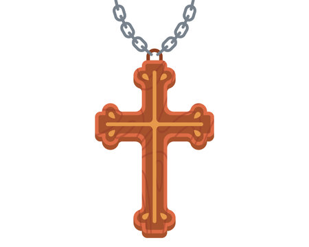 wooden cross on a chain to wear around the neck. flat vector illustration.のイラスト素材
