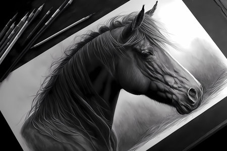 realistic pencil drawing of a horse on paper. ai generatedの素材