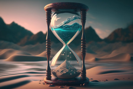 hourglass on the background of a winter lake. ai generatedの素材
