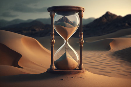 wooden hourglass in the hot desert. ai generatedの素材