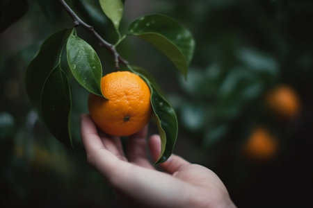 a hand holds an orange hanging on a tree. ai generatedの素材