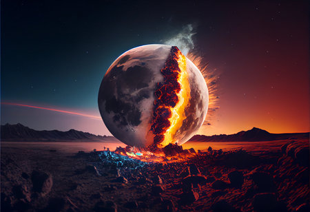the moon crashes into the earth. cosmic disaster. ai generatedの素材
