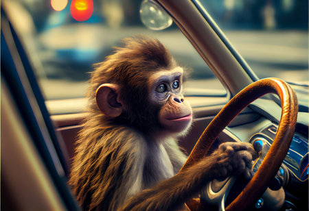 little monkey driving a car. bad driver. ai generatedの素材