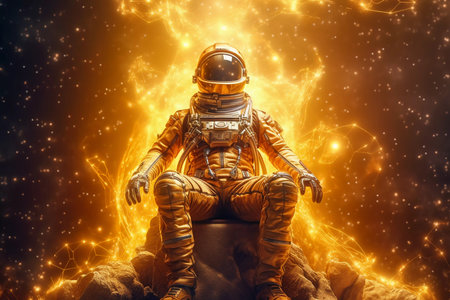 golden glow of an astronaut in space. ai generatedの素材