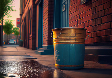 the bucket stands on the asphalt on the street. ai generatedの素材