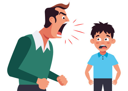 the father yells at the child. angry man and frightened man. flat vector illustration.のイラスト素材