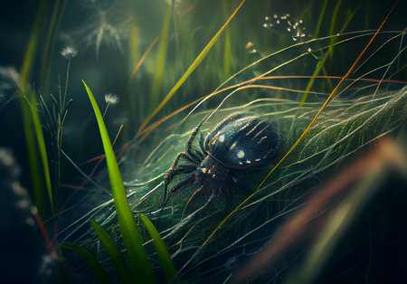spider sits on a web on a green background. ai generatedの素材