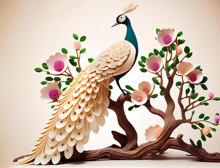 paper peacock sitting on a tree branch illustration. ai generatedの素材