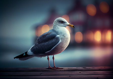 seagull sits on a pier by the sea. ai generatedの素材