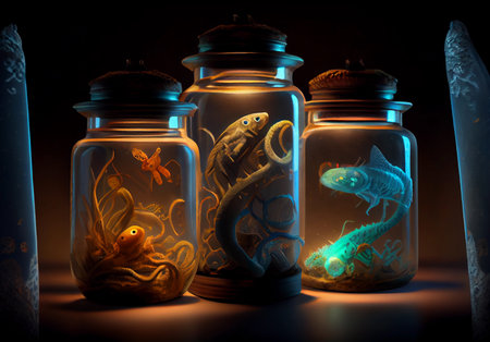 sea nasty animals in a glass jar. ai generated.の素材