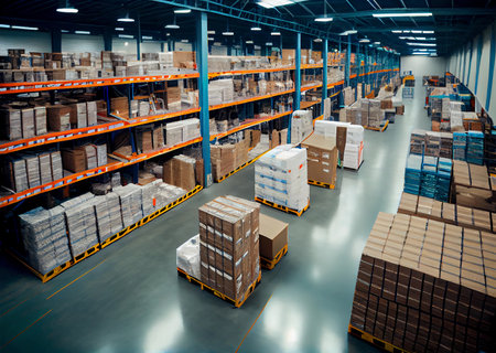 large warehouse with products. hangar for storage of goods. ai generatedの素材