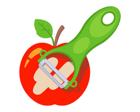 Peel a red apple with a vegetable peeler. flat vector illustration.のイラスト素材