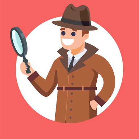 character detective in full growth and with a magnifying glass in his hand. flat vector illustrationのイラスト素材