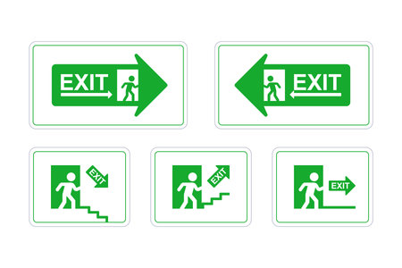signs of direction during evacuation. emergency exit. running man to the door. flat vector set illustrationのイラスト素材
