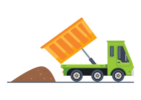 cute truck dumps cargo on the ground. flat vector illustration.のイラスト素材