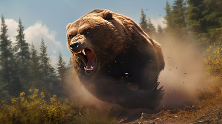 angry brown bear runs. ai generatedの素材