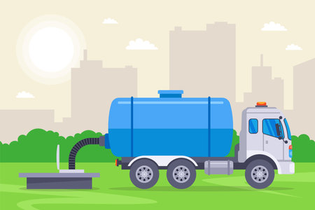 car pumping waste out of the sewer. flat vector illustration.のイラスト素材