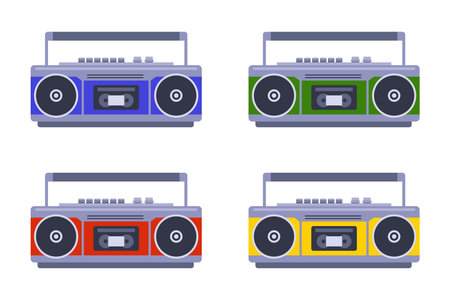 multi-colored musical tape recorder set. flat vector illustration.のイラスト素材