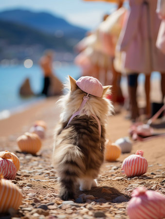 cat on the beach. relax by the sea. ai generatedの素材