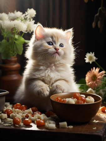 the cat cook sits at a bowl of food. ai generatedの素材