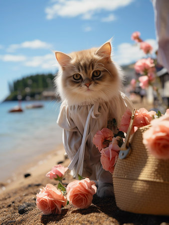 cat on the beach. relax by the sea. ai generatedの素材