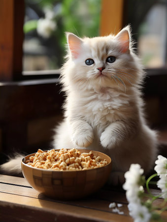 the cat cook sits at a bowl of food. ai generatedの素材