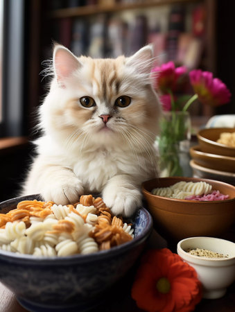 the cat cook sits at a bowl of food. ai generatedの素材