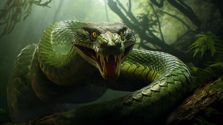 green snake attack. ai generatedの素材
