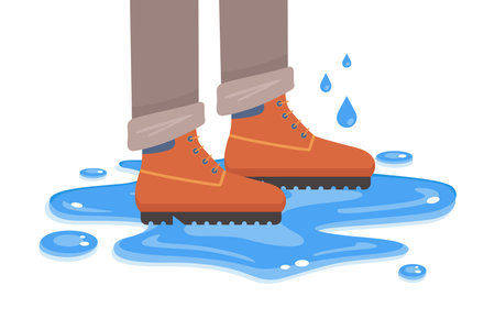waterproof boots stand on a puddle. flat vector illustration.のイラスト素材