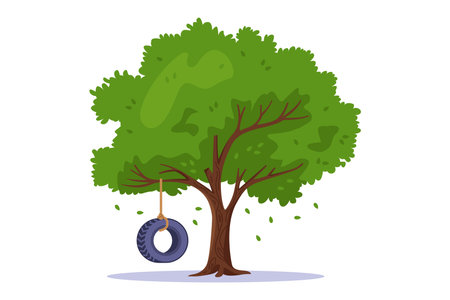 the wheel hangs on a tree. homemade swing. flat vector illustration.のイラスト素材