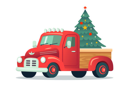 old American truck with a Christmas tree. flat vector illustration.のイラスト素材
