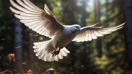 a white dove flies against the background of nature. ai generatedの素材