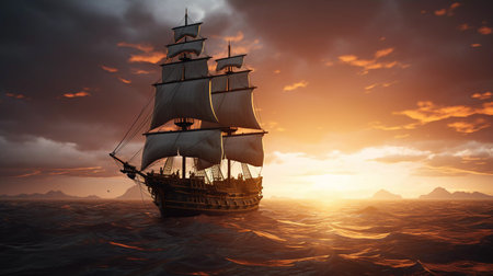 sailing ship sunset. ai generatedの素材
