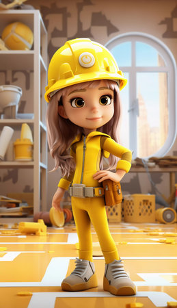 girl builder in a yellow helmet. ai generatedの素材