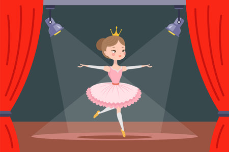 ballerina in a pink dress on stage. flat vector illustration.のイラスト素材
