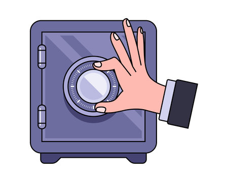 open the safe by hand. crack a safe with money. flat vector illustration.のイラスト素材