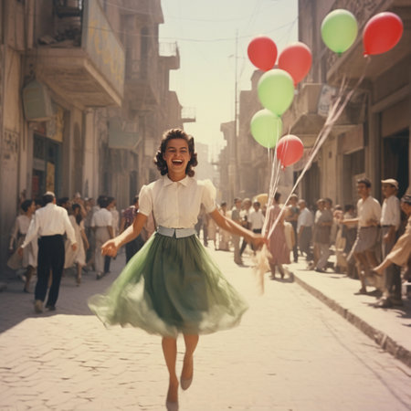 girl with balloons in the style of the 60s. Generative AIの素材