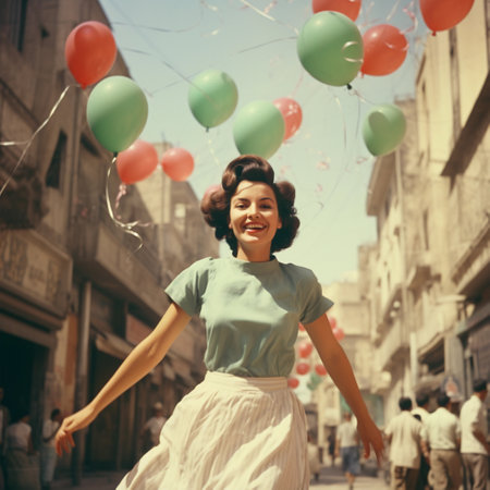girl with balloons in the style of the 60s. Generative AIの素材