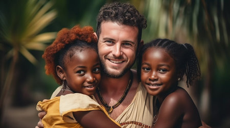 white man hugs young African women. ai generatedの素材