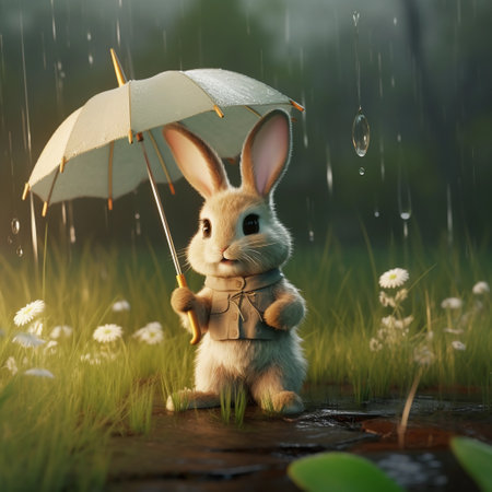 cute bunny with an umbrella in a clearing. ai generatedの素材
