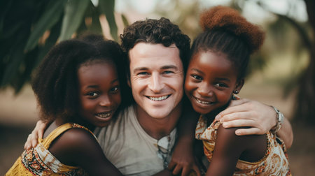 white man hugs young African women. ai generatedの素材