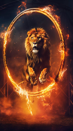 a circus lion jumps through a burning ring. ai generatedの素材